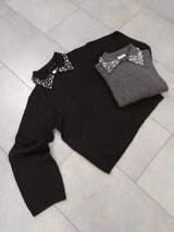 Maglia polo grigia  con perle